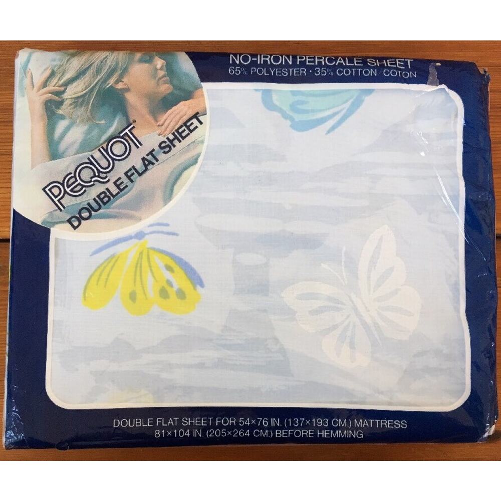 NEW Vtg Pequot No Iron Blue Percale Flutter-Bye Butterfly Double Flat Sheet